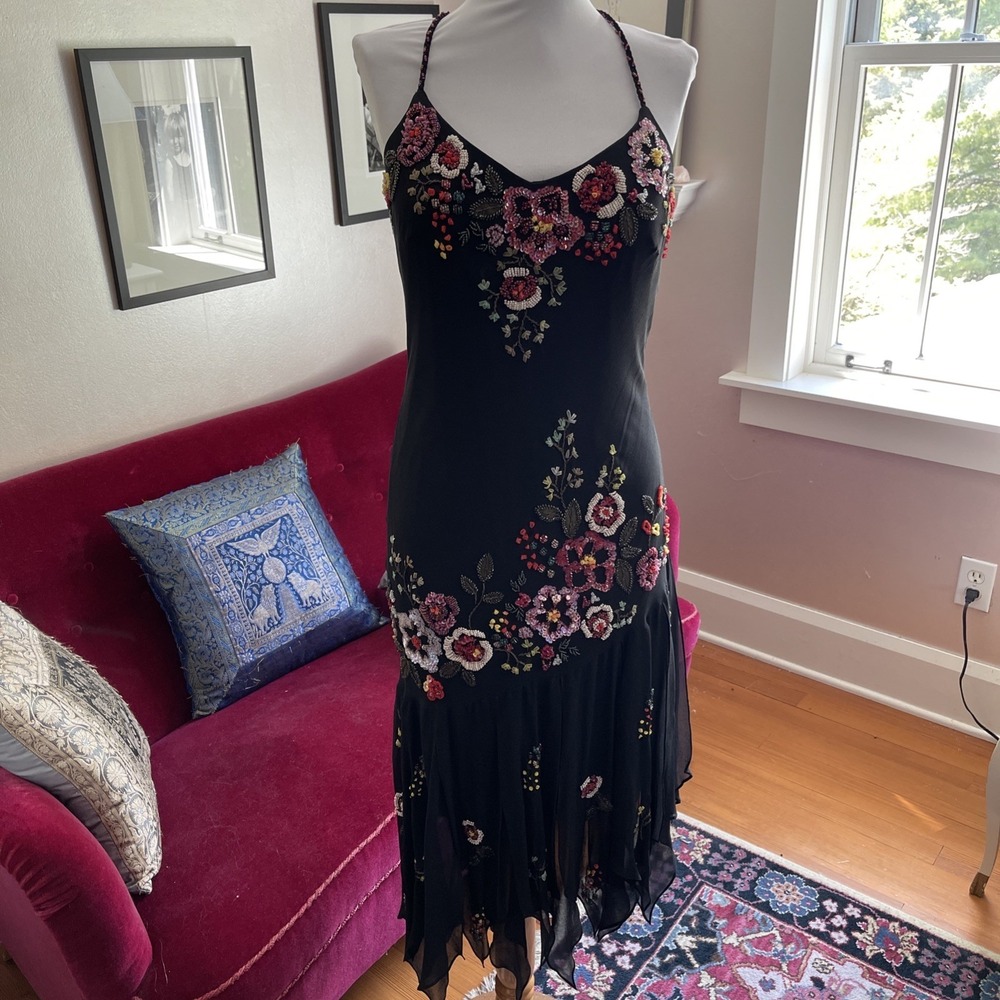 Vintage Y2K 100% Silk beaded Black Floral Evening Gown Midi -Sue Wong- 12 - Picture 4 of 16